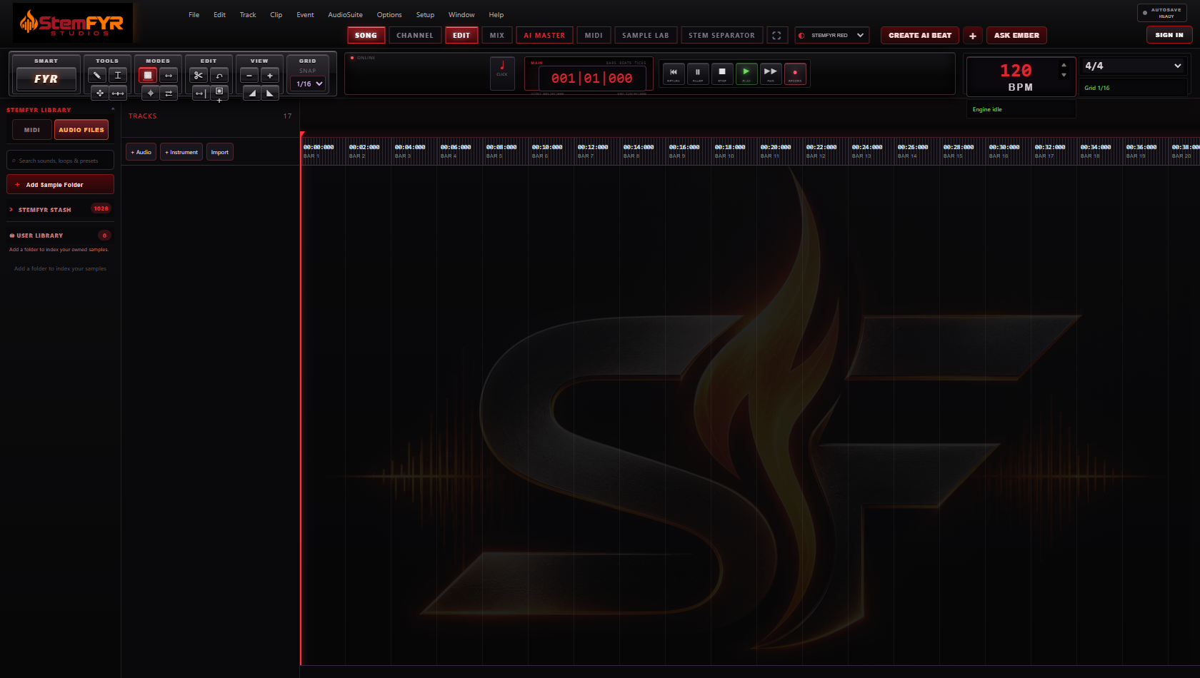StemFYR Studios digital audio workstation showing audio tracks, waveforms, transport, tools, and library